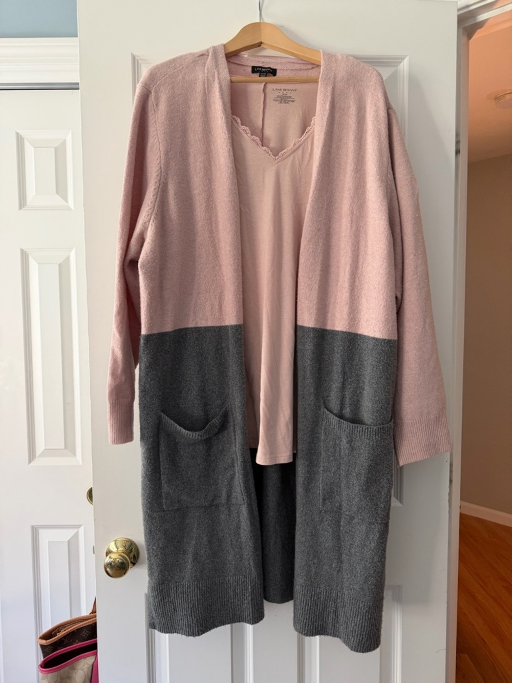 Lane Bryant Pink and Gray Open-Front Colorblock Cardigan